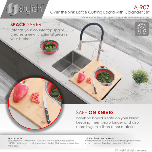 Stylish Over The Sink Large Cutting Board With Colander Set Sink Accessory, product view 6