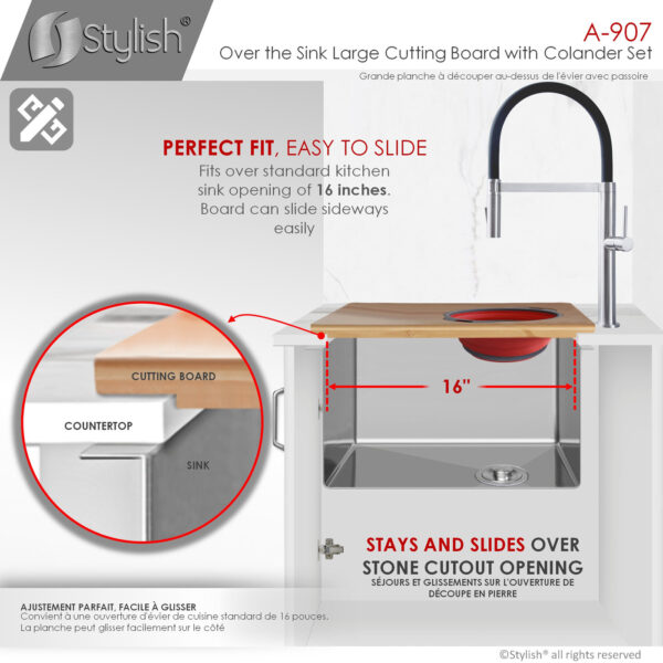 Stylish Over The Sink Large Cutting Board With Colander Set Sink Accessory, product view 7