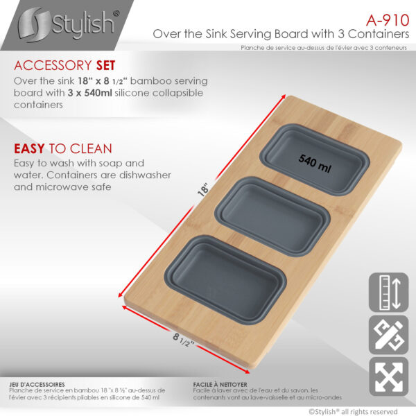 Stylish Over The Sink Serving Board With 3 Containers Sink Accessory, product view 5