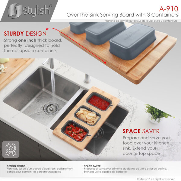 Stylish Over The Sink Serving Board With 3 Containers Sink Accessory, product view 6