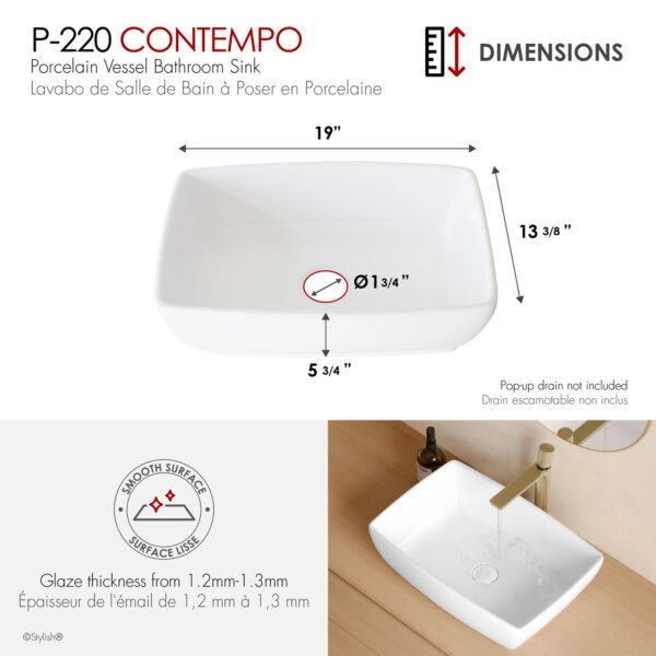 Stylish 19'' Contempo Bathroom Sink, product view 3