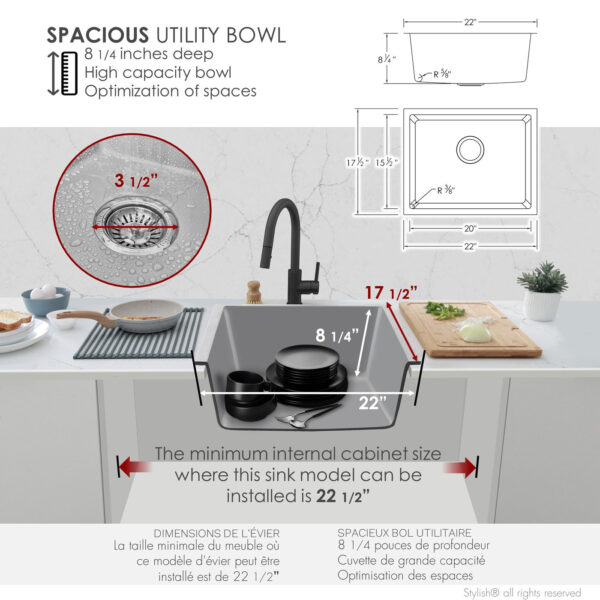 Stylish 22'' Aspen Kitchen Sink, product view 7