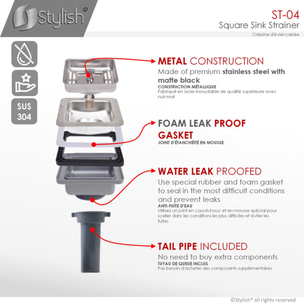 Stylish Square Strainer Sink Strainer, product view 4