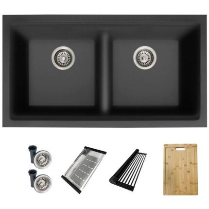 33-inch black granite double bowl kitchen sink