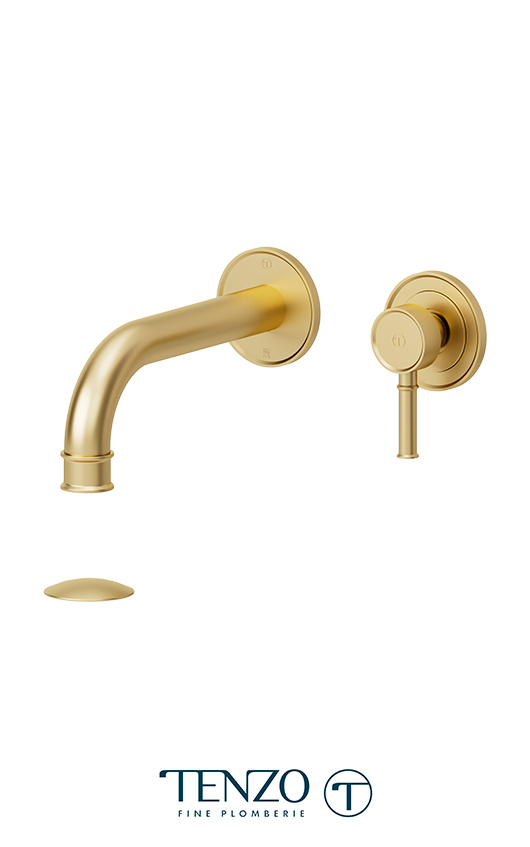 Wall mount lavatory faucet Alyss brushed gold with (overflow) drain
