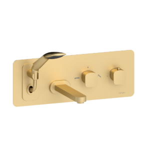 Wall mount tub faucet with retractable hose Delano brushed gold