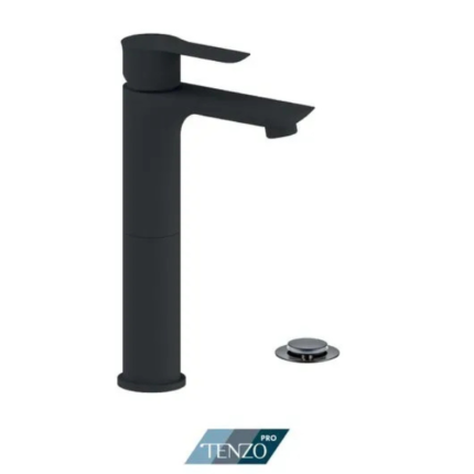 Galia single hole tall lavatory faucet matte black with (overflow) drain