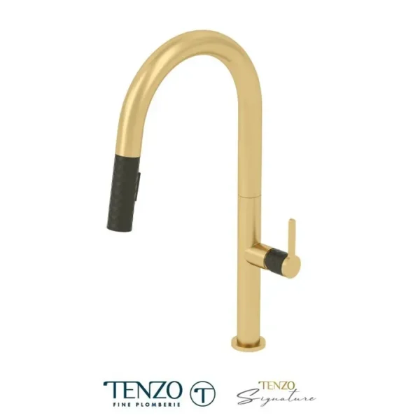 Single-handle kitchen faucet Calozy with pull-down & 2-Function hand shower brushed gold / matte black