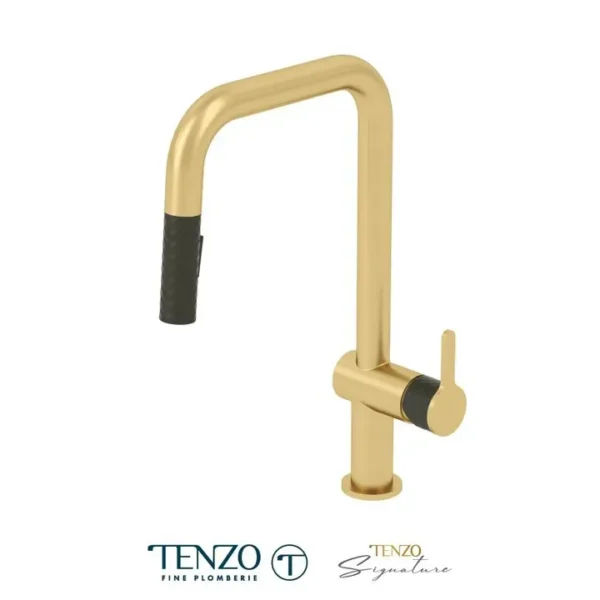 Single-handle kitchen faucet Calozy with pull-down & 2-Function hand shower brushed gold / matte black