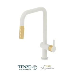 Single-handle kitchen faucet Calozy with pull-down & 2-Function hand shower matte white / brushed gold