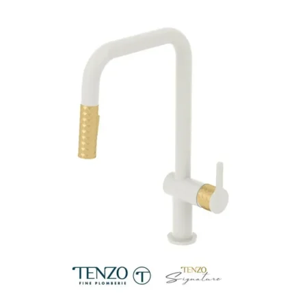 Single-handle kitchen faucet Calozy with pull-down & 2-Function hand shower matte white / brushed gold