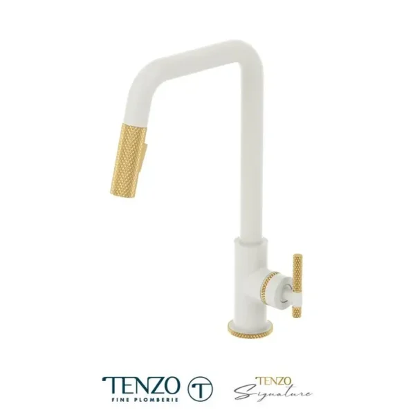 Single-handle kitchen faucet Bellacio with pull-down & 2-Function hand shower matte white / brushed gold