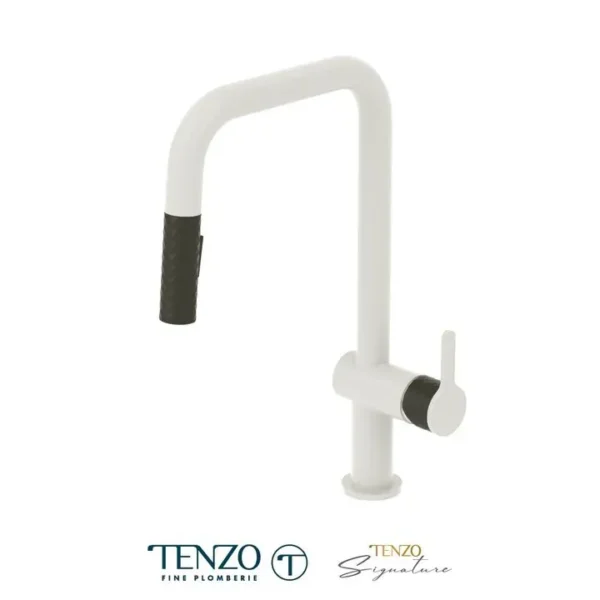 Single-handle kitchen faucet Calozy with pull-down & 2-Function hand shower matte white / stainless steel