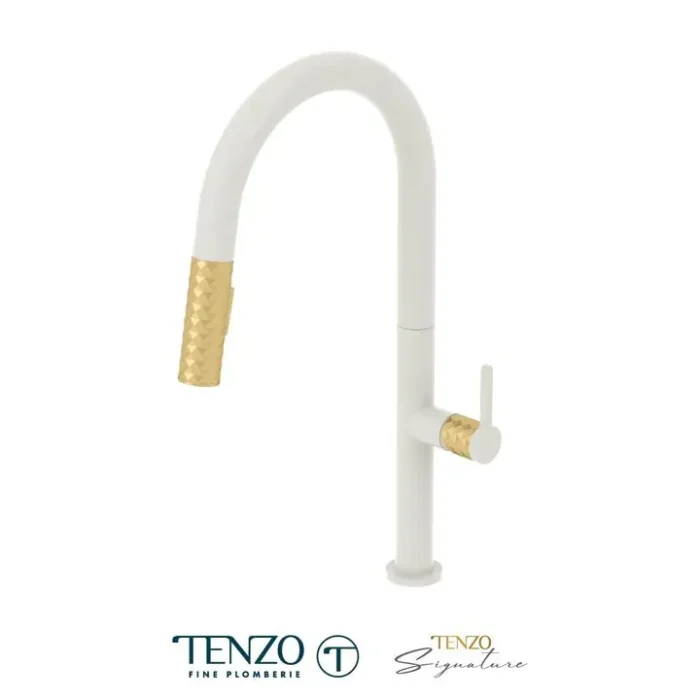 Single-handle kitchen faucet Calozy with pull-down & 2-Function hand shower matte white / brushed gold