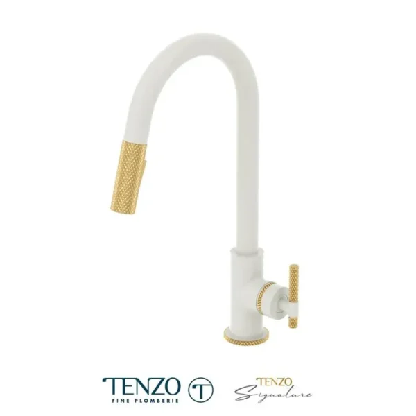 Single-handle kitchen faucet Bellacio with pull-down & 2-Function hand shower matte white / brushed gold