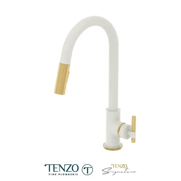 Single-handle kitchen faucet Bellacio with pull-down & 2-Function hand shower matte white / brushed gold