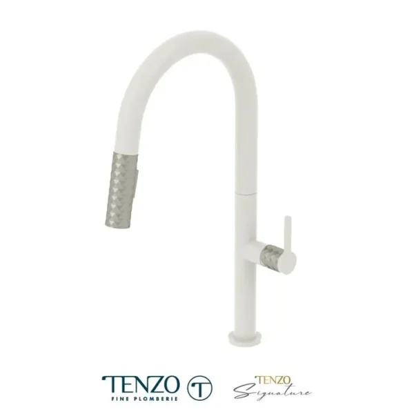 Single-handle kitchen faucet Calozy with pull-down & 2-Function hand shower matte white / satinless steel