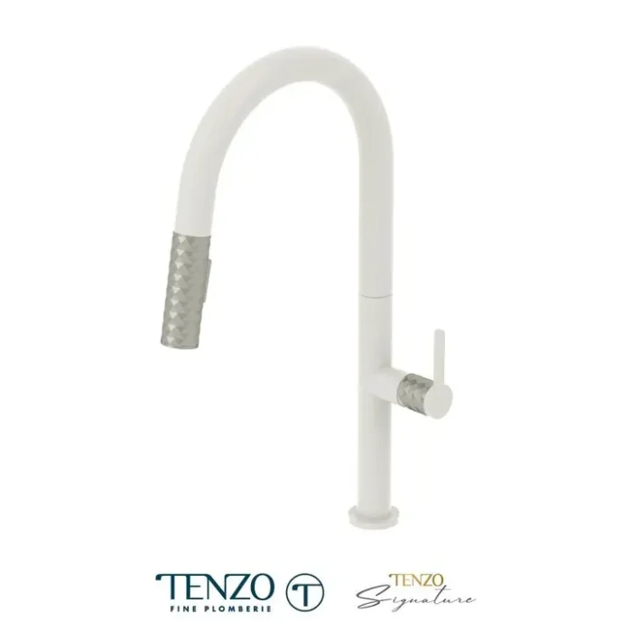 Single-handle kitchen faucet Calozy with pull-down & 2-Function hand shower matte white / satinless steel
