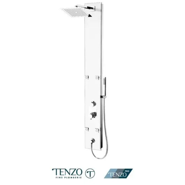 Shower col. tempered glass Evolo [Sh. head 4 jets diverter spout] pres. balanced/div. White