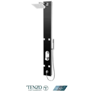 Shower col. tempered glass Evolo [Sh. head 4 jets diverter spout] pres. balanced/div. black