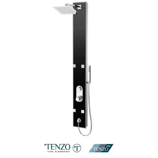 Shower col. tempered glass Evolo [Sh. head 4 jets diverter spout] pres. balanced/div. black