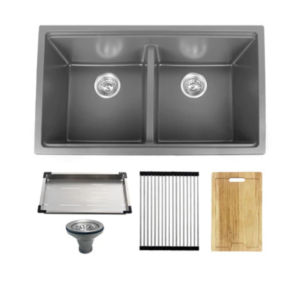 KODAEN UNG1515 32″ Workstation Under Mount 50/50 Double Bowl Kitchen Sink with Strainer