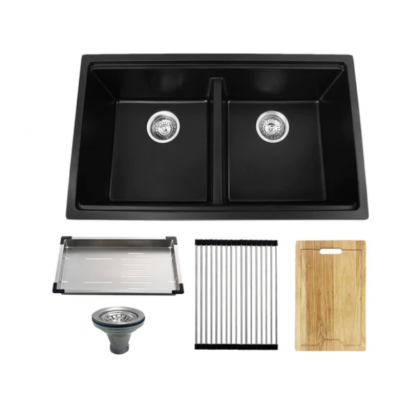 32" Workstation Under Mount 50/50 Double Bowl Kitchen Sink with Strainer