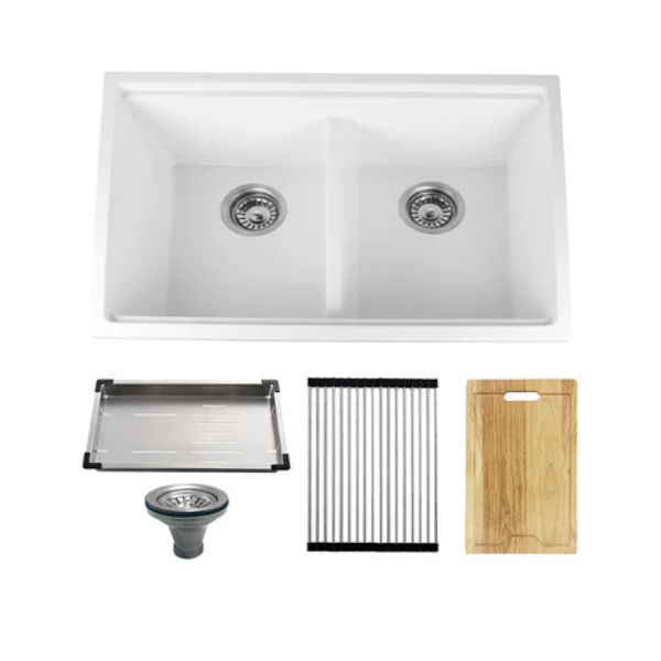 32" Workstation Under Mount 50/50 Double Bowl Kitchen Sink with Strainer