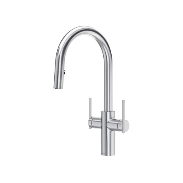 Riobel Lateral Two Handle Pull-Down Kitchen Faucet With C-Spout — Stainless Steel