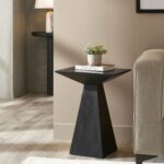 Renwil Moulin Black Mango Wood Accent Table — table styled beside a sofa; accessories not included