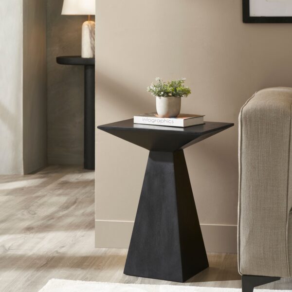 Renwil Moulin Black Mango Wood Accent Table — table styled beside a sofa; accessories not included