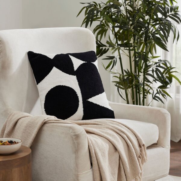 Renwil Mauro Black and Off-White Handwoven Poly-Chenille Pillow 20 x 20 PWFL1467 - Mauro pillow styled on a chair