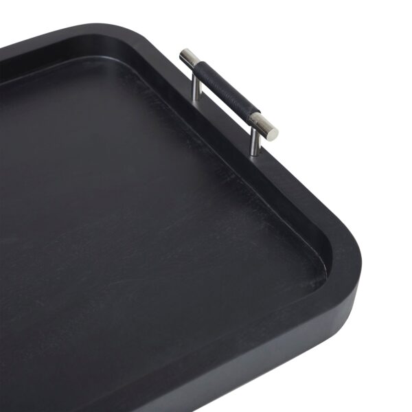 Renwil Hudson Black Wood Tray — detail of a leather-wrapped handle and metal fittings
