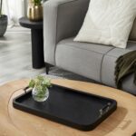 Renwil Hudson Black Wood Tray — styled on a wood coffee table with a vase