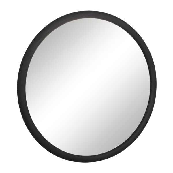 Renwil Olica Matte Black Pine Round Mirror MT2719 - angled view of broad black wood frame