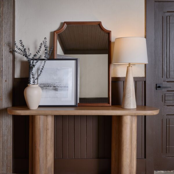 Renwil Sintra Walnut-Finish Shaped Wall Mirror MT2709 - styled mirror above a wood console