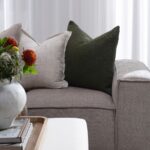Renwil Sandro Deep Olive Woven Cotton Pillow 22 x 22 PWFL1469 - olive pillow styled on a sofa