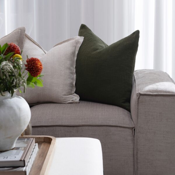 Renwil Sandro Deep Olive Woven Cotton Pillow 22 x 22 PWFL1469 - olive pillow styled on a sofa
