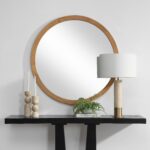 Renwil Noto Natural Pine Round Wall Mirror MT2707 - styled view above a black console