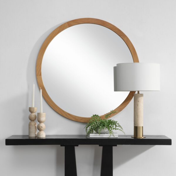 Renwil Noto Natural Pine Round Wall Mirror MT2707 - styled view above a black console