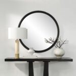 Renwil Olica Matte Black Pine Round Mirror MT2719 - styled circular mirror above a black console