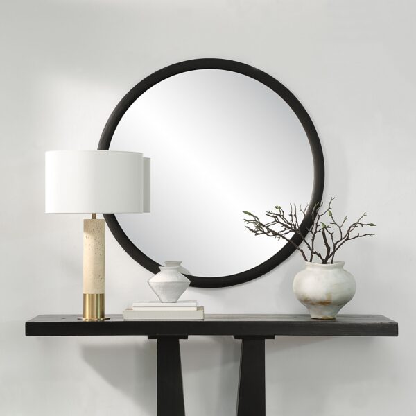 Renwil Olica Matte Black Pine Round Mirror MT2719 - styled circular mirror above a black console