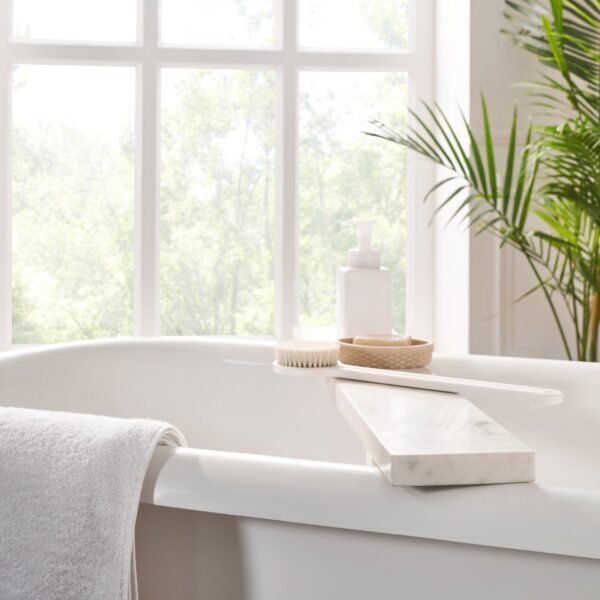 Renwil Inka White Marble Tray — styled on a bathroom countertop with accessories