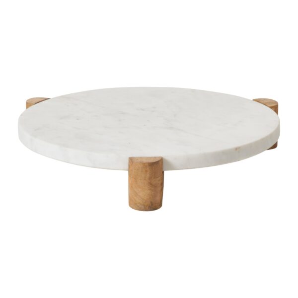 Renwil Lance Marble and Wood Tray — angled side view of the white marble and wood supports