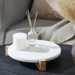 Renwil Lance Marble and Wood Tray — styled with a candle and diffuser