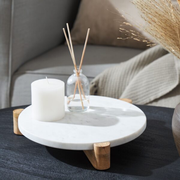 Renwil Lance Marble and Wood Tray — styled with a candle and diffuser