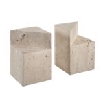 Renwil Attle Travertine Bookends - Set of 2 — angled view of the geometric stone pair