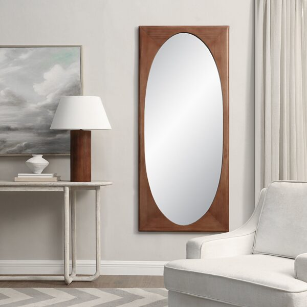 Renwil Sitia Walnut Finish Pine Full Length Mirror MT2698 - oval mirror within the wood frame styled on a wall