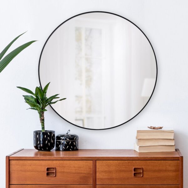 Renwil Claribel 30 Inch Matte Black Round Wall Mirror MT2414 - mirror styled above a wood console