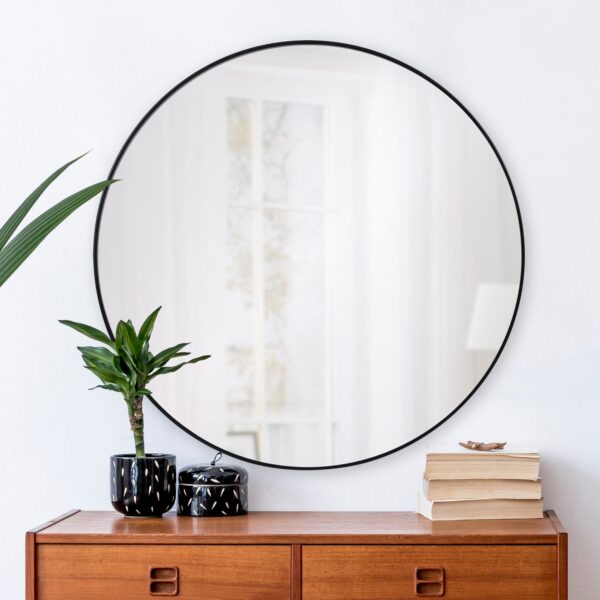 Renwil Cori 40 Inch Black Round Wall Mirror MT2415 - mirror styled above a wood console
